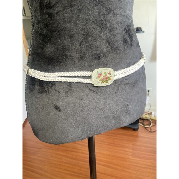 VTG 80s/90s Stretch Waist Belt Braided Cord Gray Cloisonne Butterfly Rose Buckle - Picture 11 of 11